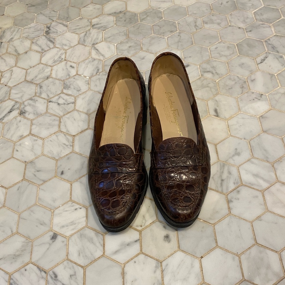 Salvatore Ferragamo Dark Brown Croc-Embossed Loafers
